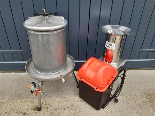 Mosterisæt - 40 liters vandtrykspresse i rustfrit stål inkl. pressesæk af bomuld og Fruit Shark frugtkværn (ca 600 kg/t)